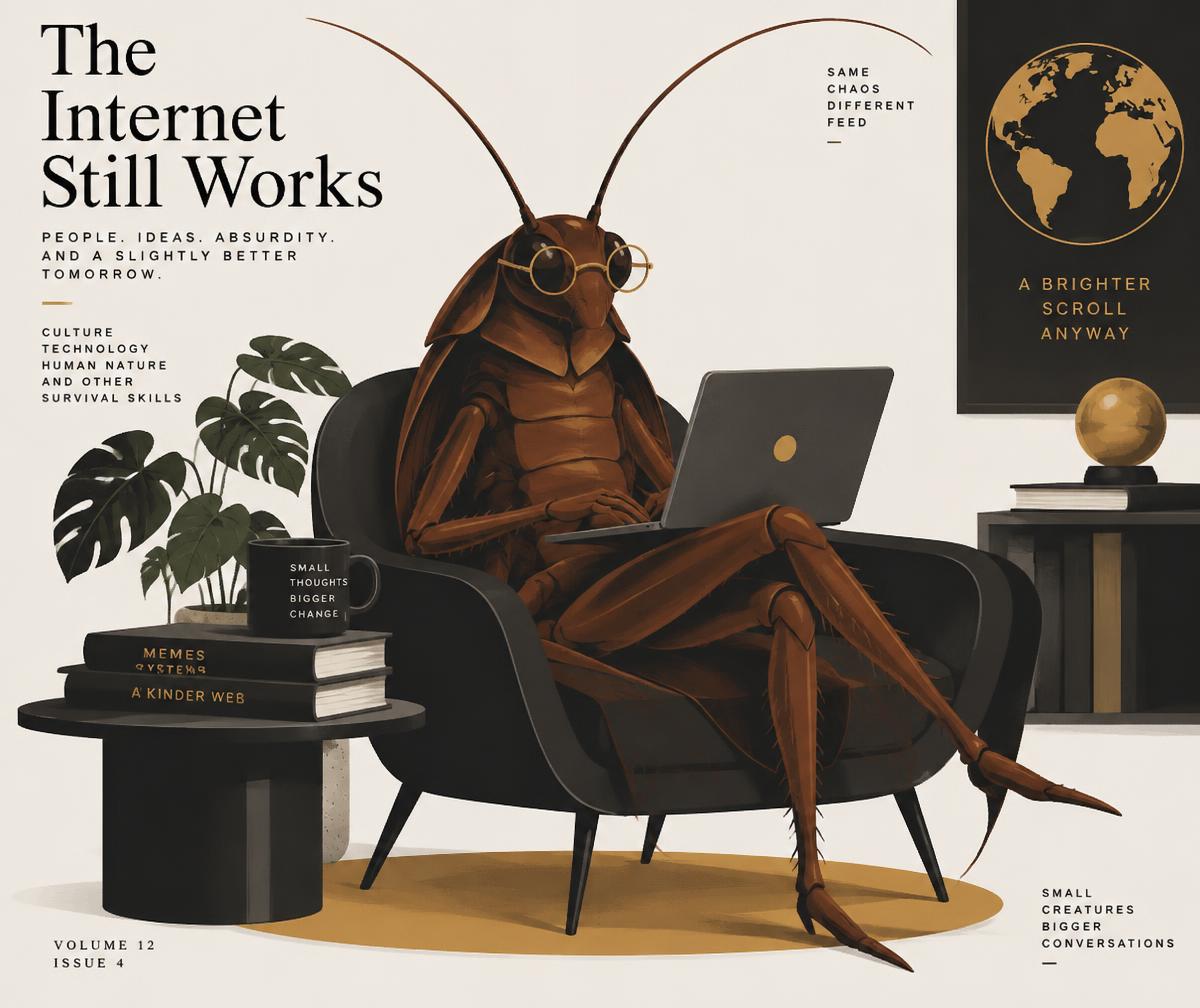 Cockroach mascot with glasses working on a laptop